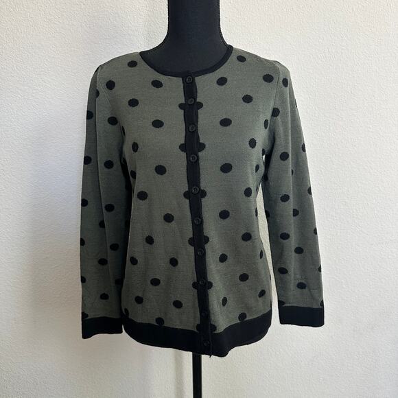 Ella J Cardigan Women Small Sweater Merino Wool Polka Dots Green Retro Knit - Picture 1 of 11